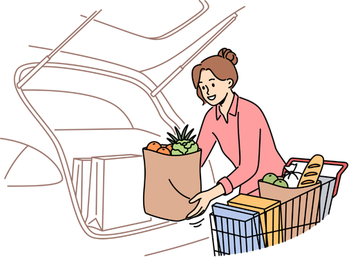 日用品の買い物をして車に積み込む女性のイラスト