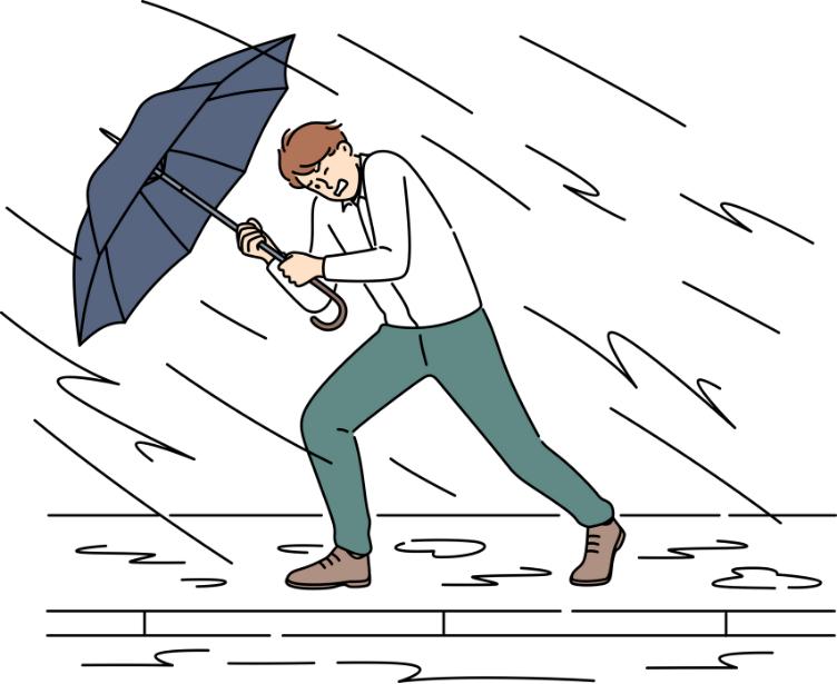 傘を暴風雨に向かってさしている男性のイラスト